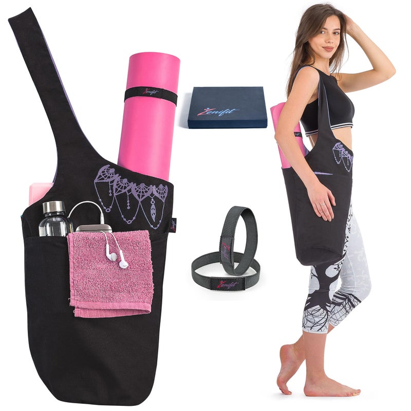 Zenifit Yoga Mat Bag â€“ Versatile Yoga Bag with Mat Straps & Storage Pockets, Holds Yoga & Pilates Mats, Lightweight & Durable, Black and Lavender - Image 1